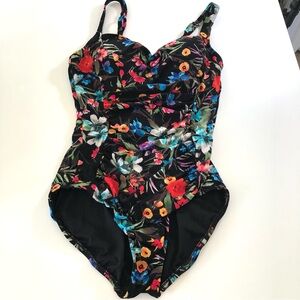 Roatan Swim Wear, Black Vibrant Multicolored Floral Swimsuit, Women’s L, Ruching
